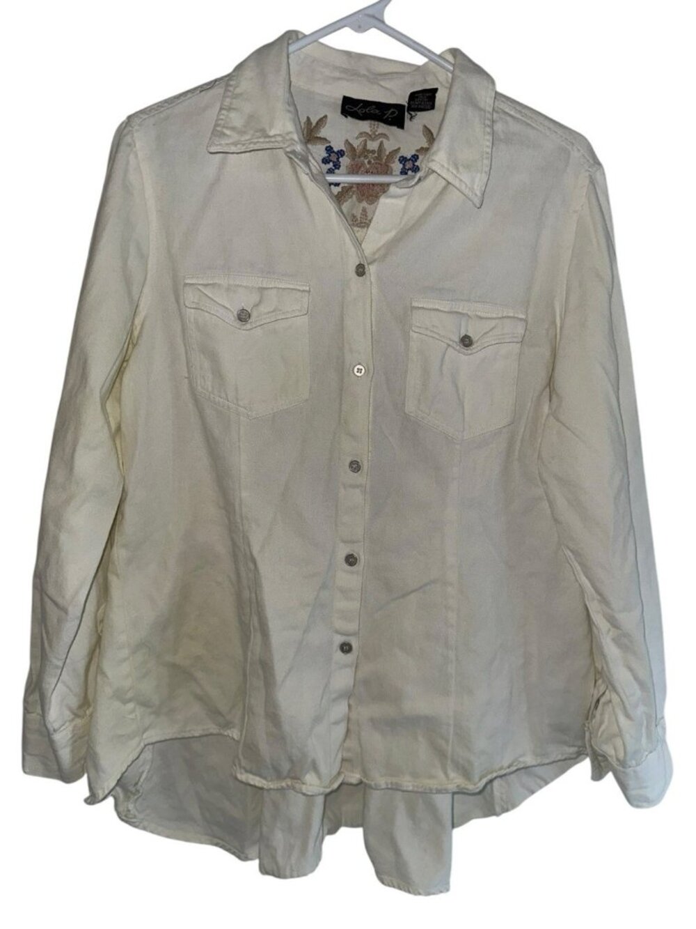 Lola P Womens Ivory Denim Button Up Shirt Sz M Embroidered High Low Western Boho